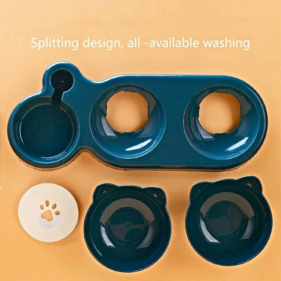 Pet Bowls With Water Feeder, 3 In 1 Ear Design Tilted Cat Water And Food Bowl Set With Gravity Water Bottle
